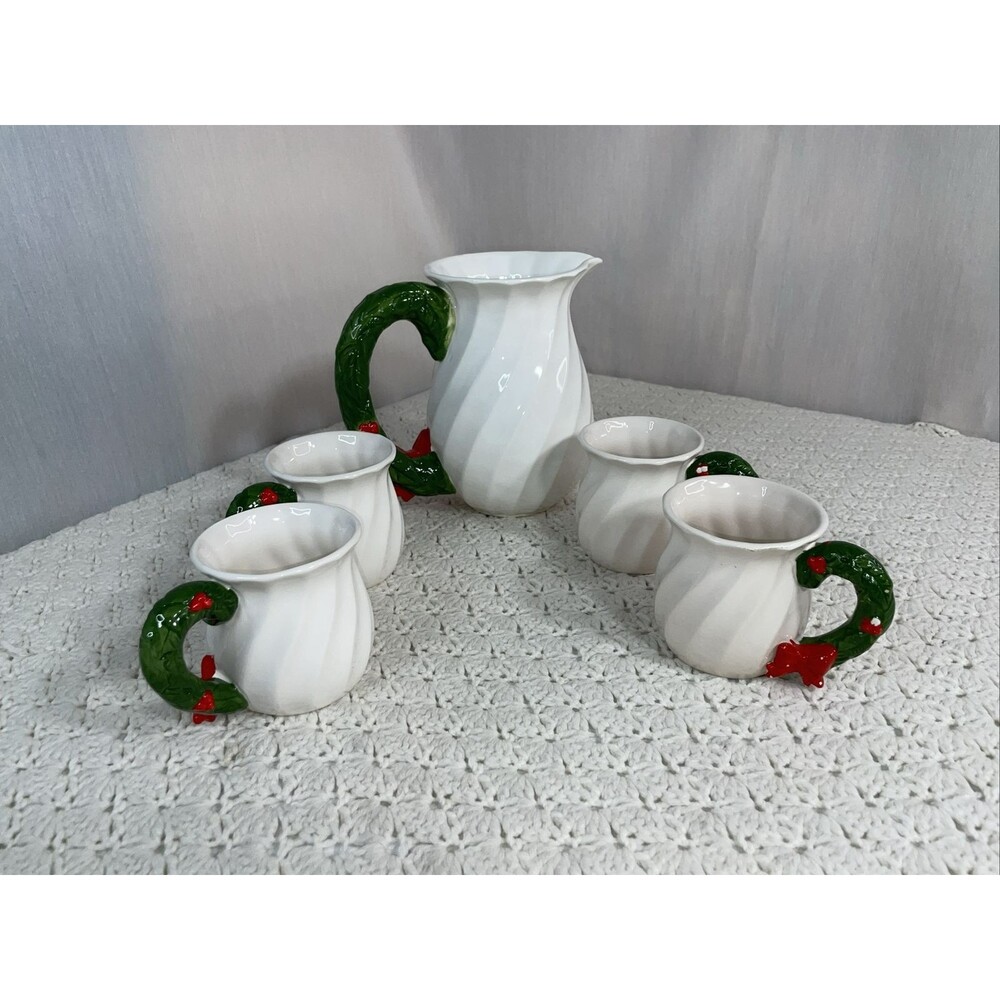 Brinn's Christmas Noel 8" Pitcher 4 Mugs Set Wreath Handle Vintage Taiwan